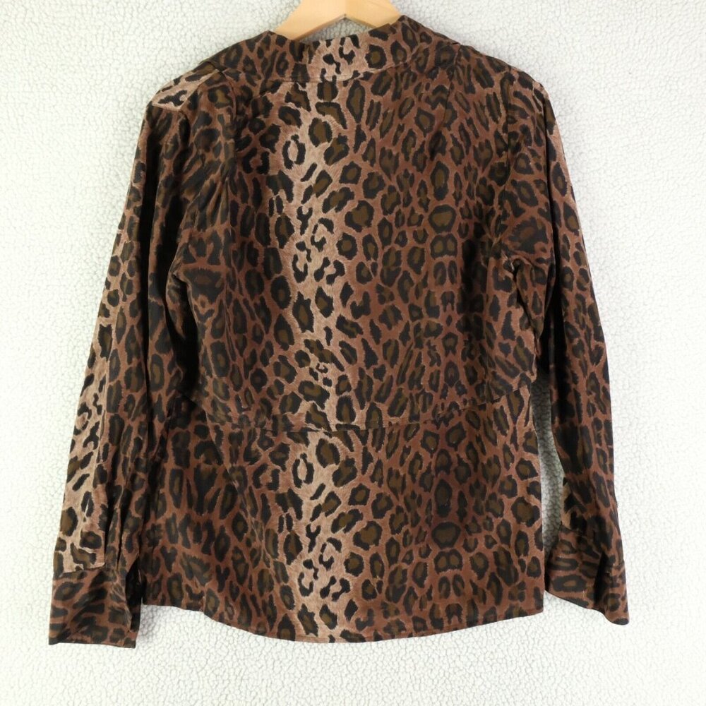 Vintage Shirt Womens 6 Brown Gold Leopard Animal Print Silk Button Up 80s - Picture 5 of 10